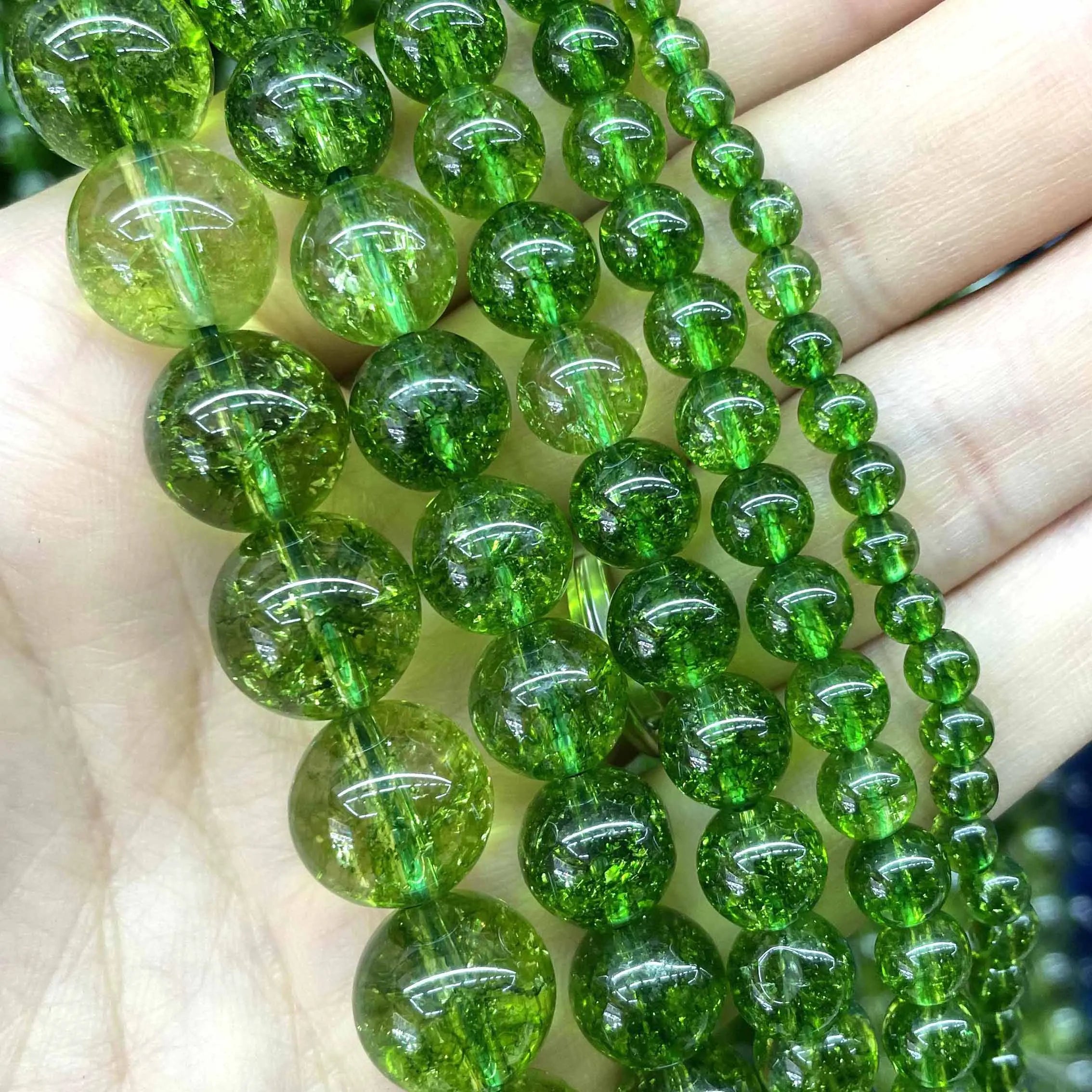 Natural Green Peridot Crystal Quartz Round Beads – Loose Stones for DIY Jewelry Making (4mm–10mm)