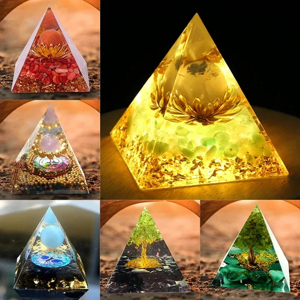 Crystal Stone Orgone Pyramid – Energy Generator with Natural Amethyst & Peridot for Reiki, Chakra & Room Decor - Image 3