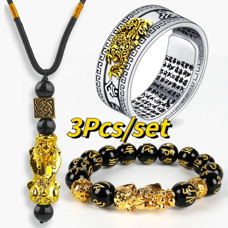 3PCS/Set Pixiu Feng Shui Jewelry – Obsidian Bracelet, Ring & Necklace Set for Wealth & Good Luck - Image 7