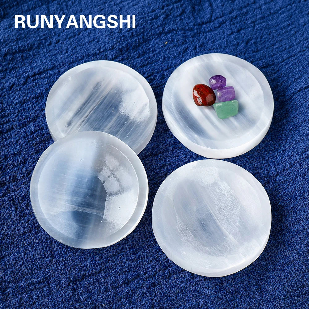 Natural Selenite Plate Round Crystal Bowl for Reiki Healing
