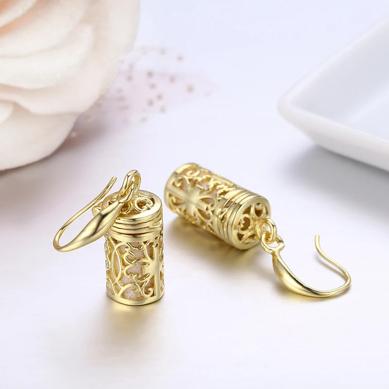 Hollow Out Filigree Cross Perfume Bottle Earrings – Gold Essential Oil Diffuser Jewelry for Women & Girls - Image 2