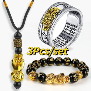3PCS/Set Pixiu Feng Shui Jewelry – Obsidian Bracelet, Ring & Necklace Set for Wealth & Good Luck